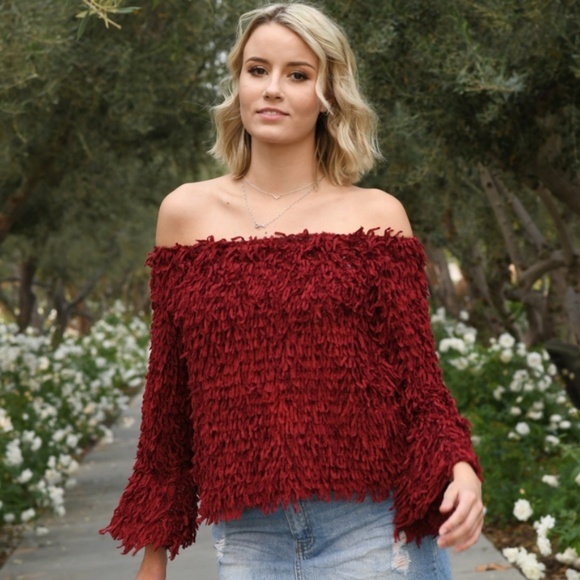 🤩Sale Fuzzy Fringe Top Off the Shoulder - Picture 2 of 5